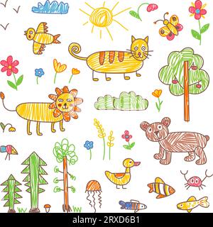 Collection of cute children's drawings of kids, animals, nature, objects  Stock Vector Image & Art - Alamy