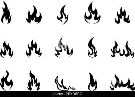 Blackfire icons. Black flames and fire silhouettes, grill hot symbols. Combustible substance fiery logo, monochrome flaming nowaday vector set Stock Vector
