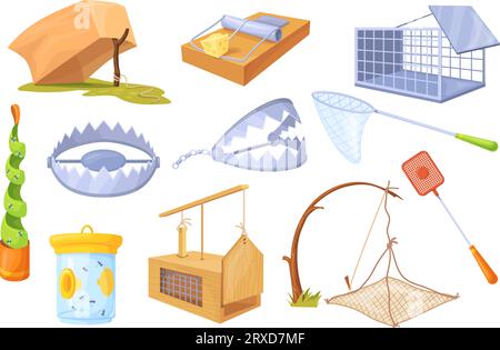 Animal traps. Isolated cruel trap for booby animals hunting in forest, metal bear trapping mousetrap pitfall with rope bird catch, dangerous game cartoon neat vector illustration of catch and trap Stock Vector