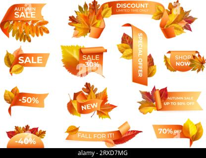 Autumn sale corners. Fall season special offer tabs, ribbon tag 30 percent discount promotion badge leaf natural leaves september weekend label frame vector illustration of fall sale autumn corner Stock Vector