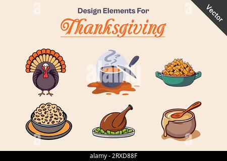 Thanksgiving Vector Elements, Turkey, Gravy, And Cheese Vector isolated illustration Stock Vector