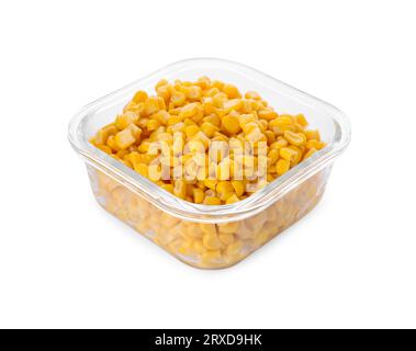 Glass container with tasty corn kernels isolated on white Stock Photo