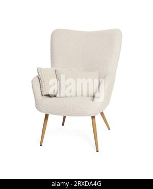 One stylish comfortable armchair with pillows isolated on white Stock Photo