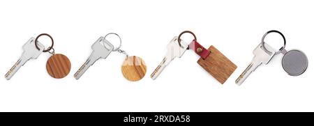 Set of keys with key chains isolated on white Stock Photo