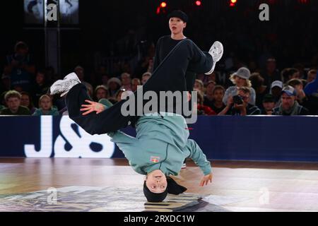 Leuven, Belgium. 24th Sep, 2023. Dominika Banevic of Lithuania competes against Ayumi Fukushima of Japan during the women's final at the 2023 WDSF World Breaking Championship in Leuven, Belgium, Sept. 24, 2023. Credit: Zheng Huansong/Xinhua/Alamy Live News Stock Photo