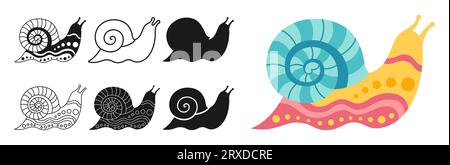 Snail child doodle linear set. Funny baby spiral snails mollusk with ...