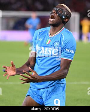 Bologna. 24th Sep, 2023. Napoli's Victor Osimhen reacts during a Serie A football match between Bologna and Napoli in Bologna, Italy, on Sept.24, 2023. Credit: Alberto Lingria/Xinhua/Alamy Live News Stock Photo