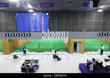 General view, SEPTEMBER 24, 2023 - Shooting : Men's Individual 25m Rapid Fire Pistol Qualification at Fuyang Yinhu Sports Centre during the 2022 China Hangzhou Asian Games Credit: Naoki Morita/AFLO SPORT/Alamy Live News Stock Photo