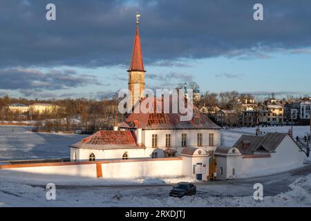 GATCHINA, RUSSIA - DECEMBER 25, 2022: View of the Priory Palace on a cloudy December evening Stock Photo