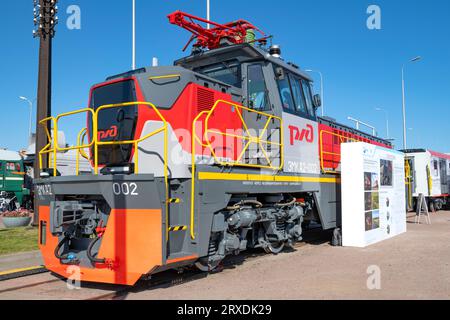 SAINT PETERSBURG, RUSSIA - AUGUST 27, 2023: New Russian shunting electric locomotive EMKA2 on the railway transport forum 'PRO//Dvizhenie.Expo' Stock Photo