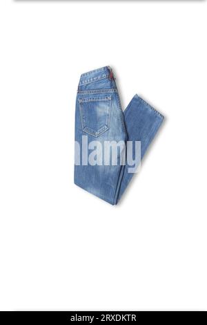Denim texture in close up view with copy space isolate on white background with clipping path. Blue jeans pattern no seam with macro to preset about c Stock Photo