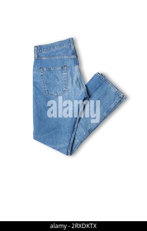Denim texture in close up view with copy space isolate on white background with clipping path. Blue jeans pattern no seam with macro to preset about c Stock Photo