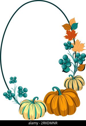 Autumn floral decorative Oval frame with pumpkins and maple leaves vector illustration Stock Vector