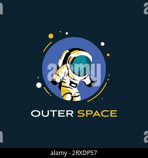 astronaut emblem logo in outer space isolated dark background Stock Vector