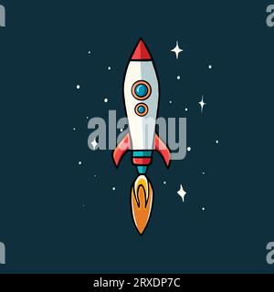 vector illustration of rocket in space, spaceship hand drawn flat design style with stars as background Stock Vector