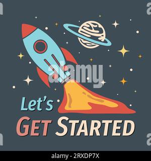 retro space ship vector. rocket illustration design in outer space universe with stars as background Stock Vector