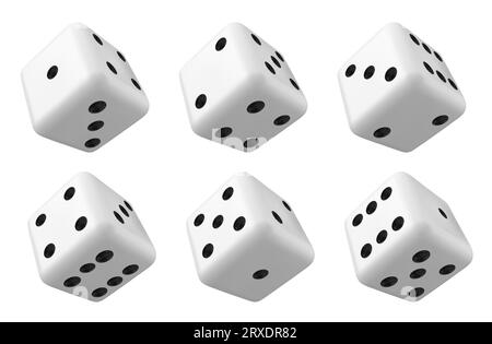Play 3d isolated white casino game dice vector. Realistic rolling die gambling cube object set. Lucky roll chance with three, two, 6, and 1 object side illustration. Risk vegas backgammon opportunity Stock Vector
