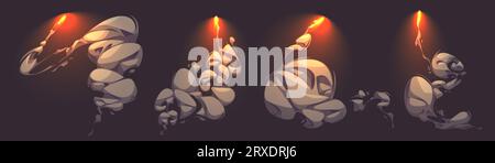 Set of rockets flying with smoke trail isolated in black background. Vector cartoon illustration of missile or bomb attack with fire and clouds of grey steam, abstract dust vortex, comic style design Stock Vector