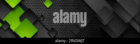 Green and black squares on dark perforated metallic background. Abstract technology banner design. Vector illustration Stock Vector