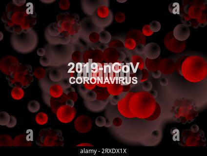 Coronavirus 2019-nCoV from China. Red molecules and threatening bacteria on dark background. Vector design Stock Vector