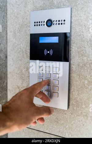 Intercom on door house. Electronic key and video call for entry. High quality photo Stock Photo