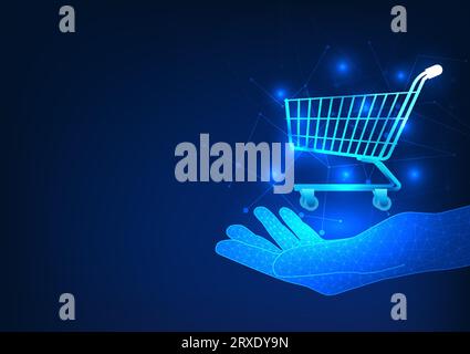 Cart placed on hand Show online shopping at the seller at any time. No need to have a storefront and increase income for sellers. Stock Vector