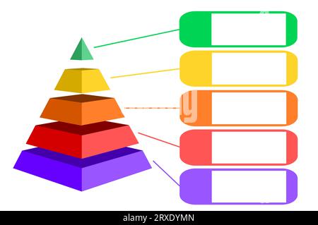 Infographic illustration of purple with red with orange with yellow and green triangles divided and cut into five and label, Pyramid shape made Stock Vector