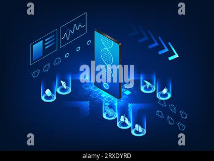 Medical technology and smartphones Mobile phone screen is DNA with medical icons. It refers to modern technology that allows patients to receive treat Stock Vector