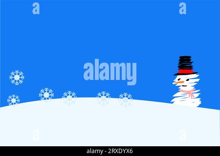 Snowflake falling and covering land and  curve hill with blue sky in background, Snowman wearing a black top hat and red scarf, Illustration vector gr Stock Vector