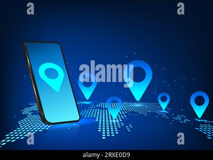 Smartphone technology There is a world map with a pin on the back of the phone. Shows smartphone technology that can be used to indicate the location Stock Vector