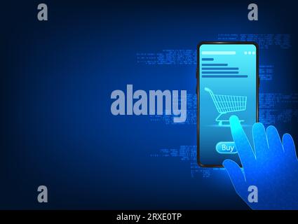 Smartphone technology with online shopping in mobile applications A hand is pressing the shopping button on a mobile screen with a shopping cart and a Stock Vector