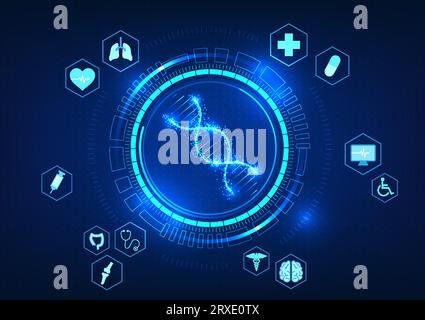 Medical technology DNA is inside the technology circle along with medical elements. Modern technology can access DNA data to analyze and find new medi Stock Vector