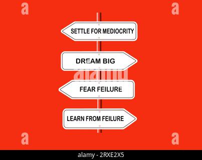Dream big, learn from failure, and their opposites. Motivational and inspirational quote on street sign. Red background. Stock Photo