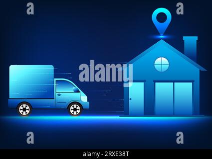 Delivery service Ordering products online via the internet and then having a delivery truck deliver the products to your home by specifying the locati Stock Vector