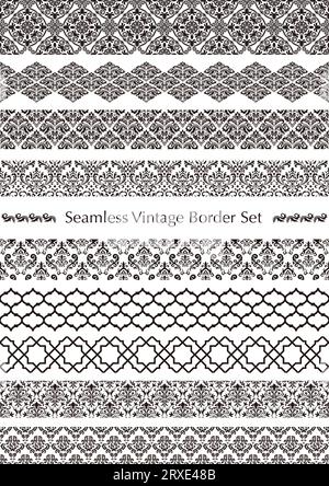 Vector Damask Vintage Seamless Border Set. Horizontally And Vertically Repeatable. Stock Vector