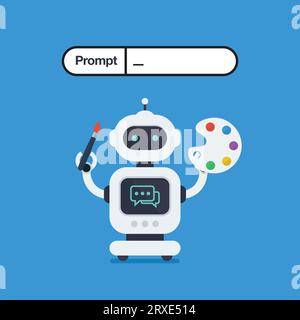 Robot is holding paintbrush and palette. Robotic loaded with intelligent algorithms and recognition programs to create and draw images on a digital pl Stock Vector