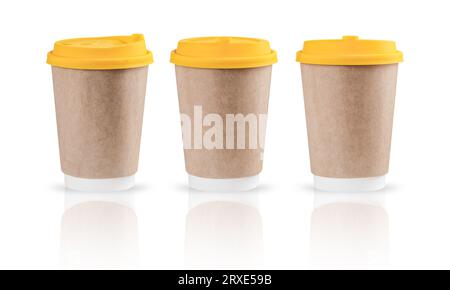 Brown paper cups of coffee isolated on white. Stock Photo