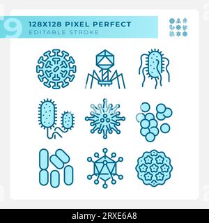 Pack of pixel perfect blue bacteria icons Stock Vector