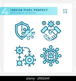 Pixel perfect blue bacteria thin line icons set Stock Vector