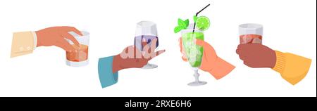 Human hands holding alcohol cocktail and glass of drinks set Stock Vector