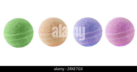 Variety of colourful aromatic bath bombs isolated on white background. Sea salt as a bath bomb for aromatherapy beauty spa treatment. Stock Photo