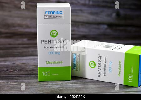 Cairo, Egypt, September 4 2023: Pentasa 500mg slow release tablets, Mesalazine, used in treatment of ulcerative colitis, by Ferring Pharmaceuticals, a Stock Photo