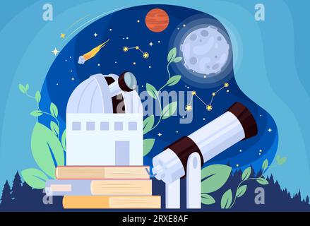 Astronomy science background with book, telescope, observatory Stock Vector