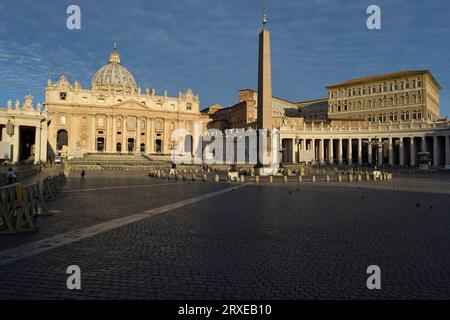 Panoramic view of the Saint Peter's Square at the Vatican City in Rome. The Papal Basilica, Bernini Colonnades, Apostolic Palace and obelisk. Stock Photo