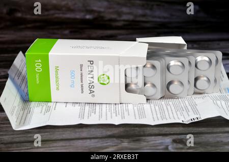 Cairo, Egypt, September 4 2023: Pentasa 500mg slow release tablets, Mesalazine, used in treatment of ulcerative colitis, by Ferring Pharmaceuticals, a Stock Photo