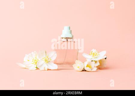 Perfume glass bottle and white jasmine flowers on peachy pink background. Closeup, front view. Copy space. Stock Photo