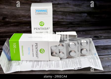 Cairo, Egypt, September 4 2023: Pentasa 500mg slow release tablets, Mesalazine, used in treatment of ulcerative colitis, by Ferring Pharmaceuticals, a Stock Photo