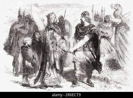 The meeting of Edmund Ironside and King Cnut on the island of Alnery in the River Severn after Edmund's defeat at the Battle of Assandun in 1016, to negotiate peace and divide the country between them.  Edmund Ironside, c. 990 –1016, aka Edmund II.  King of the English. Cnut, c. 990 – 1035, aka Cnut the Great and Canute. King of England from 1016, King of Denmark from 1018, and King of Norway from 1028 until his death in 1035.  From Cassell's Illustrated History of England, published 1857. Stock Photo