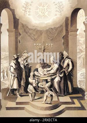 Jesus Christ was circumcised as a Jew on the 8th day after his birth. Colored Illustration for The life of Our Lord Jesus Christ written by the four evangelists, 1853 Stock Photo