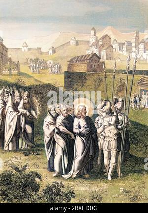 Jesus arouses the admiration of the soldiers sent to take him. Colored Illustration for The life of Our Lord Jesus Christ written by the four evangelists, 1853 Stock Photo